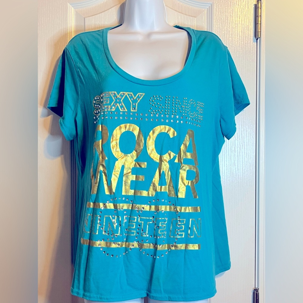 Rocawear Women’s Turquoise & Gold Bling Embellished Top - Size 2XL ✨💎